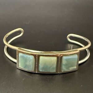 Silver-tone 3-Square Larimar? Stones Open Cuff Bangle Bracelet 17g.
